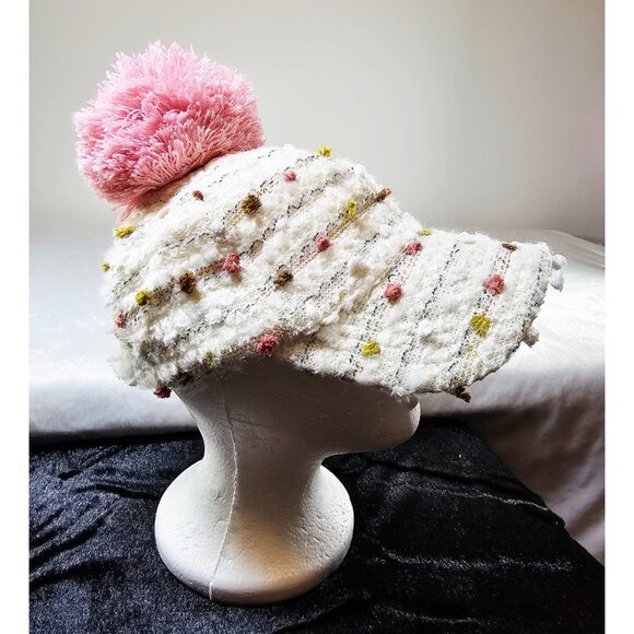Women's Knit Multi Colored Pink Pom Pom Baseball Adjustable Cap - Picture 1 of 5